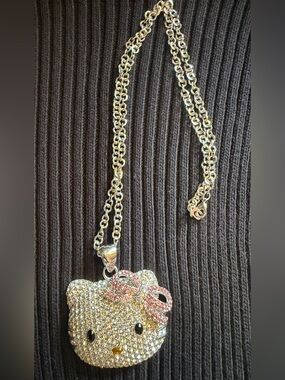 Hello Kitty Pave Crystal Pendant Necklace with Pink Bow